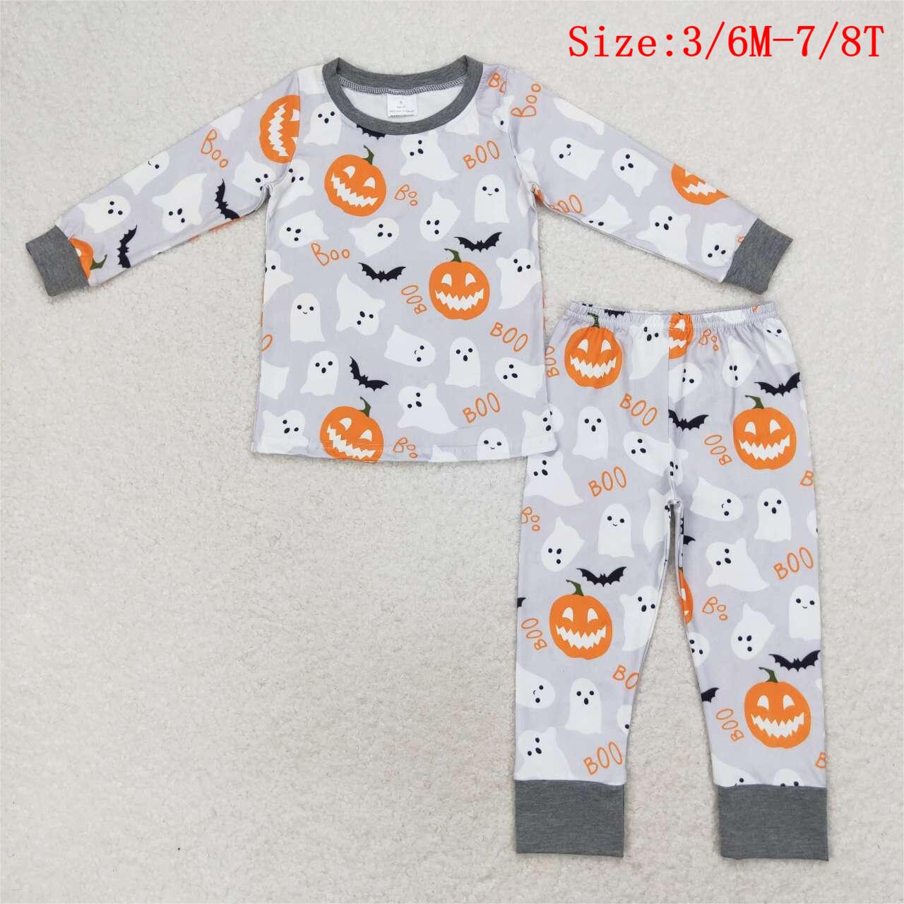 BLP0476 Pumpkin Ghost BOO Print Boys Halloween Pajamas Clothes Set