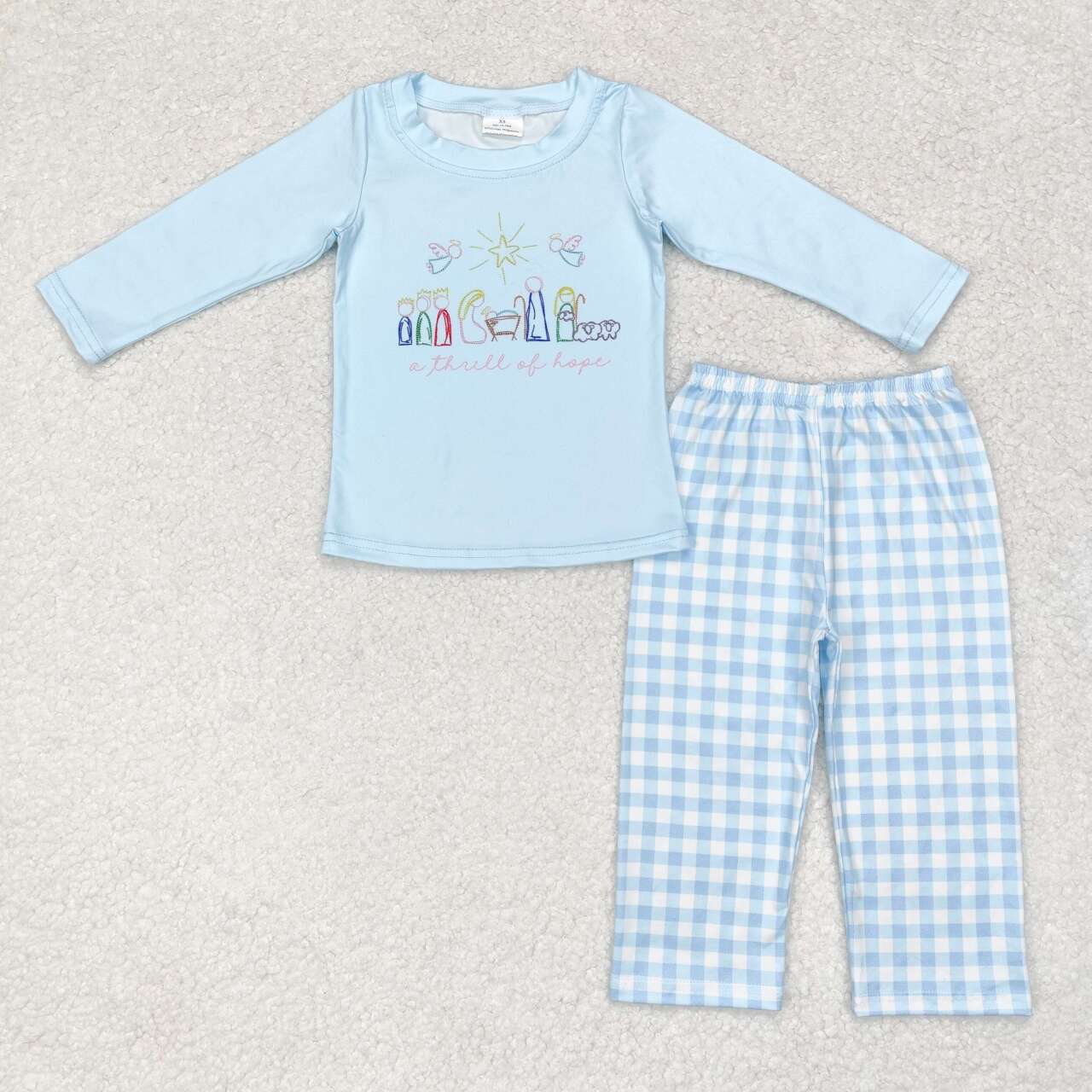 BLP0504 Nativity Blue Top Plaid Pants Boys Fall Clothes Set