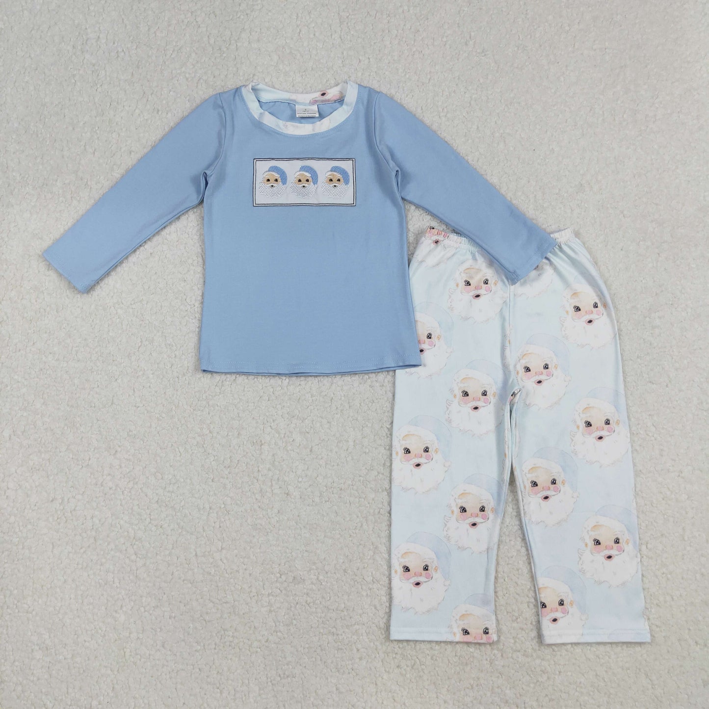 Santa Embroidery Blue Top Pants Kids Christmas Clothes Set Sibling Matching Wear