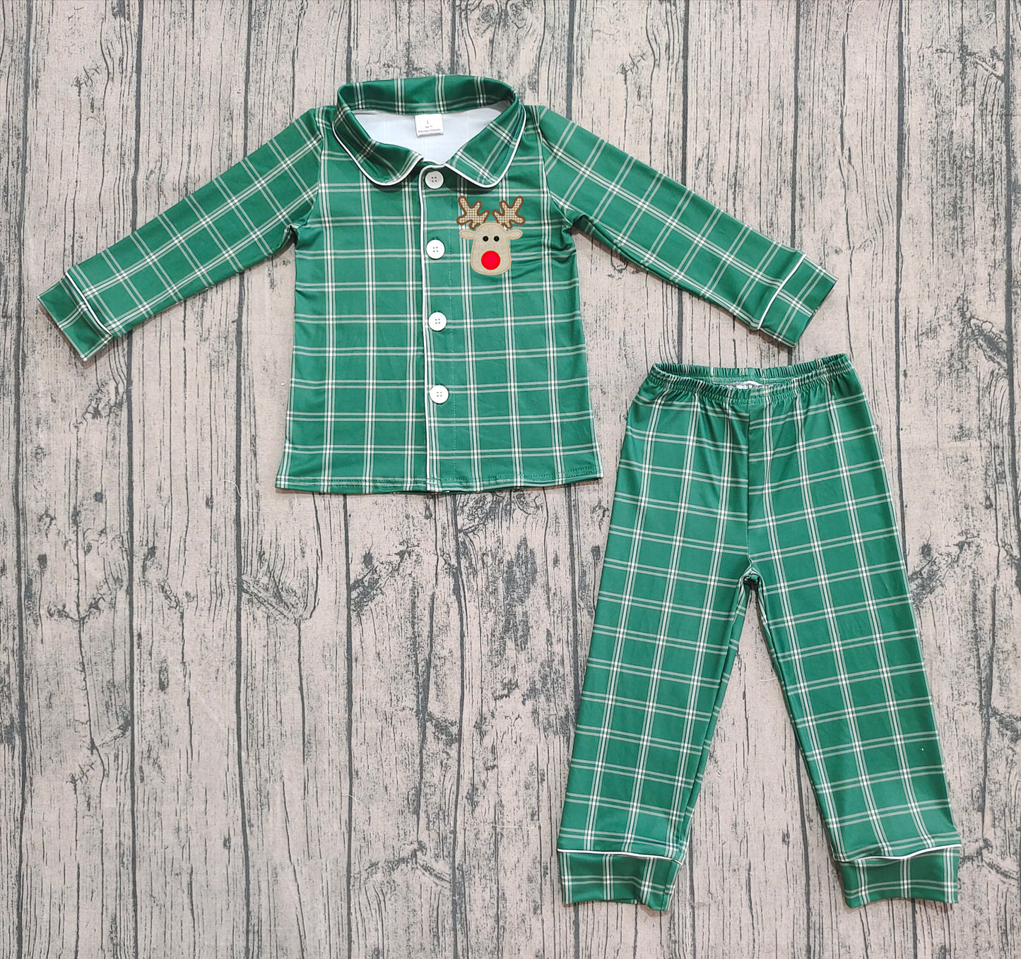 (Pre-order)BLP0545 Deer Green Plaid Print Boys Christmas Buttons Pajamas Clothes Set
