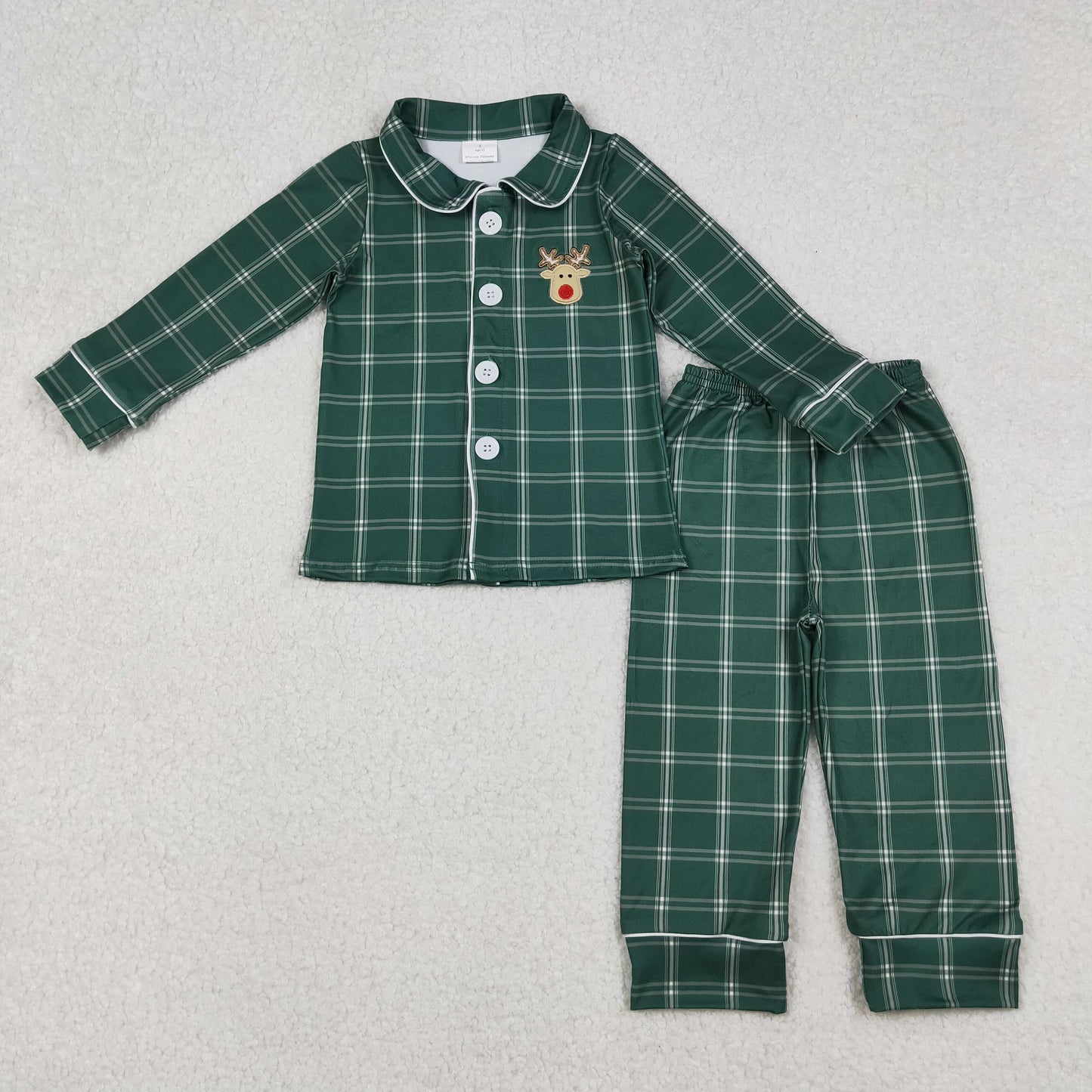 BLP0545 Deer Embroidery Green Plaid Print Boys Christmas Buttons Pajamas Clothes Set