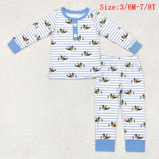 BLP0554 Duck Blue Stripes Print Boys Fall Pajamas Clothes Set