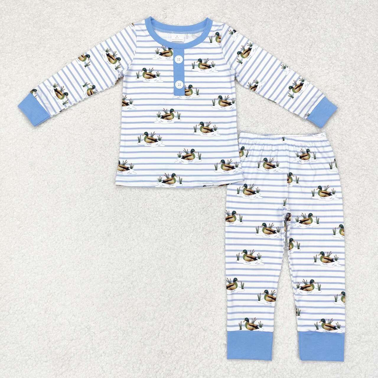 BLP0554 Duck Blue Stripes Print Boys Fall Pajamas Clothes Set