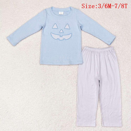 BLP0562 Halloween Ghost Face Embroidery Top Plaid Pants Boys Halloween Clothes Set