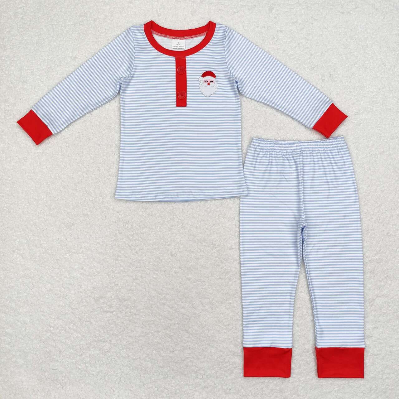 BLP0677 Santa Embroidery Blue Stripes Print Boys Christmas Pajamas Clothes Set