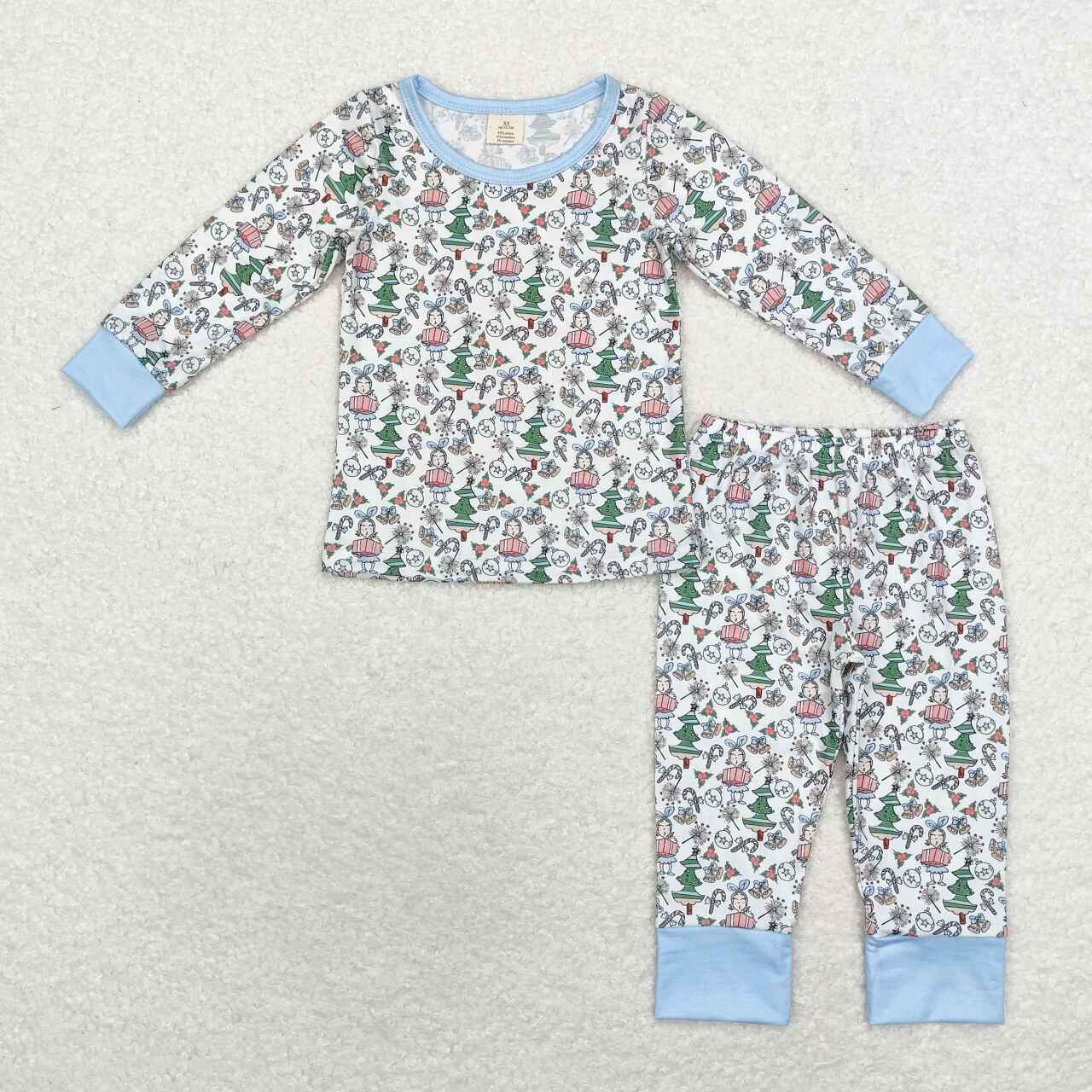BLP0699 Cartoon Girl Holly Tree Print Kids Christmas Bamboo Pajamas Clothes Set