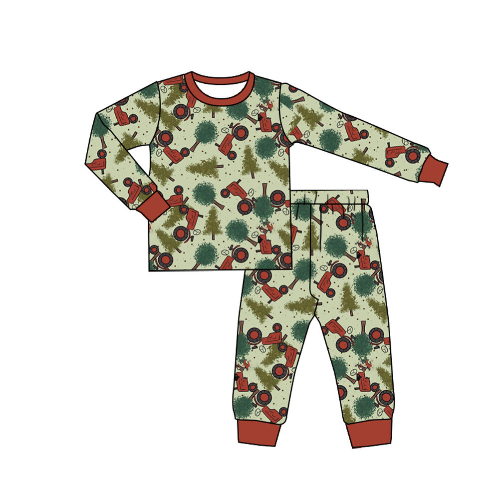 (Pre-order)BLP0744 Tractors Tree Print Kids Christmas Pajamas Clothes Set
