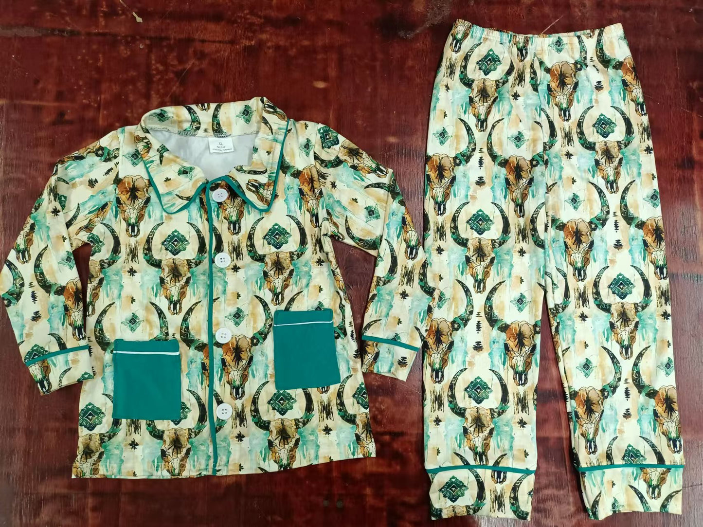 (Custom Design Preorder MOQ 3) Cow Skull Western Print Boys Fall Buttons Pajamas Clothes Set