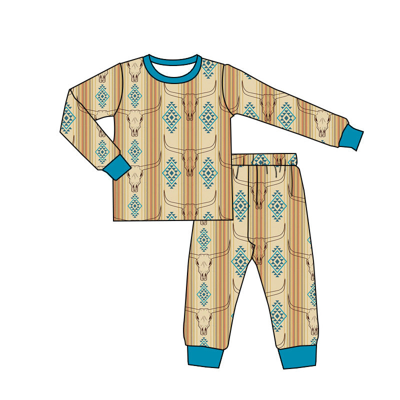 (Pre-order)BLP0861 Cows Skull Aztec Print Boys Fall Pajamas Clothes Set