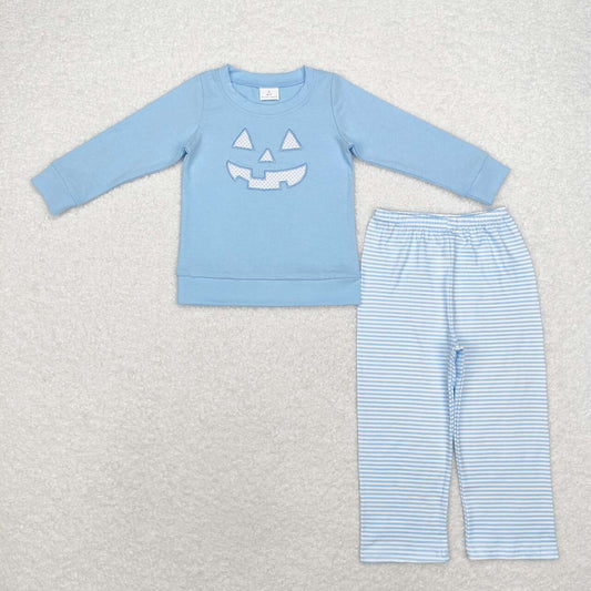 BLP0863 Ghost Face Embroidery Blue Top Stripes Pants Boys Halloween Pajamas Clothes Set