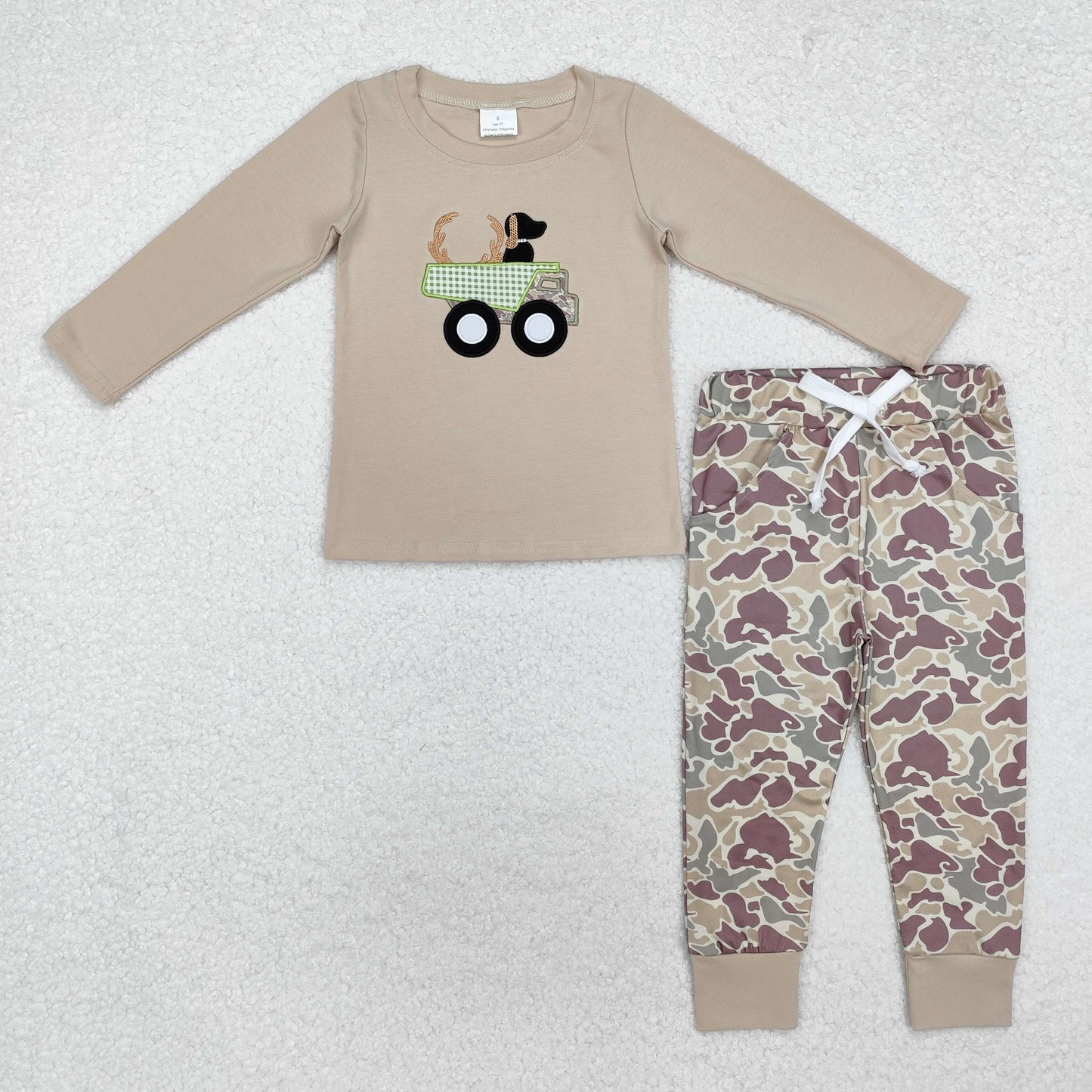 BLP0886 Truck Dog Embroidery Top Camo Pants Boys Hunting Clothes Set