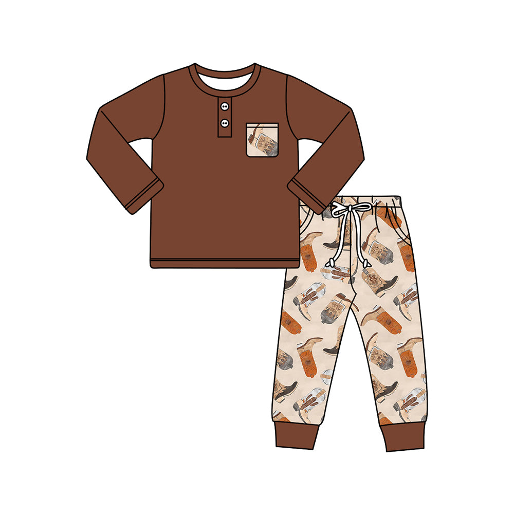 (Pre-order)BLP0926 Brown Pocket Top Boots Pants Boys Fall Western Clothes Set
