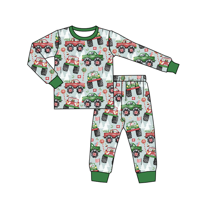 (Pre-order)BLP0933 Monster Truck Santa Print Boys Christmas Pajamas Clothes Set