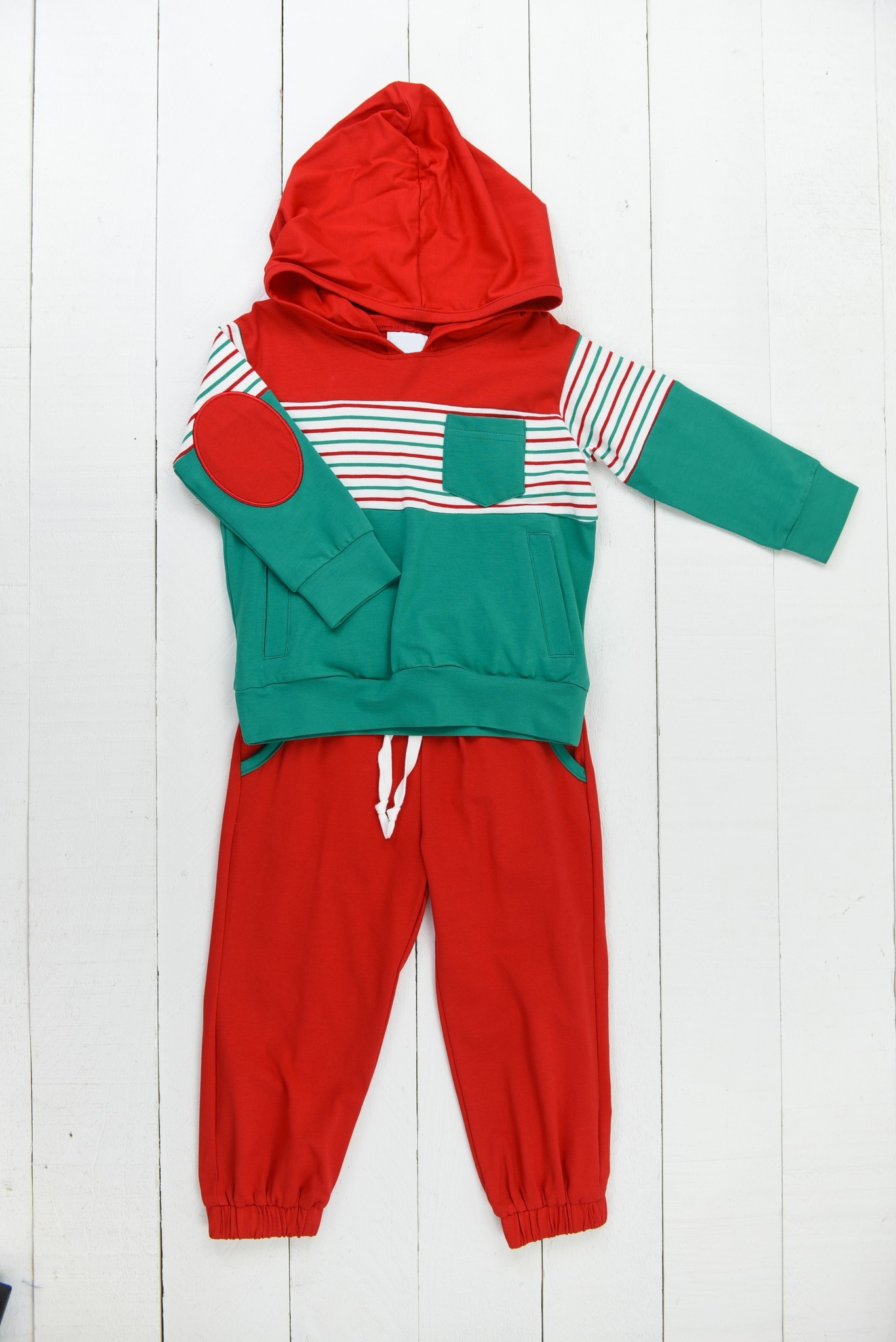 (Pre-order)BLP0982 Stripes Pockets Green Hoodie Top Red Pants Boys Christmas Clothes Set