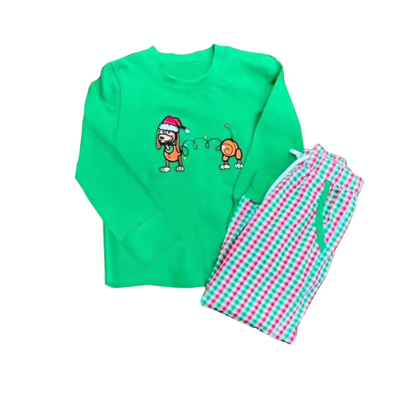 (Pre-order)BLP0985 Dog Green Top Plaid PantsBoys Christmas Clothes Set