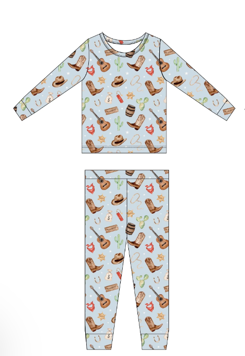 (Pre-order)BLP1012 Guitar Cactus Boots Print Boys Fall Pajamas Clothes Set