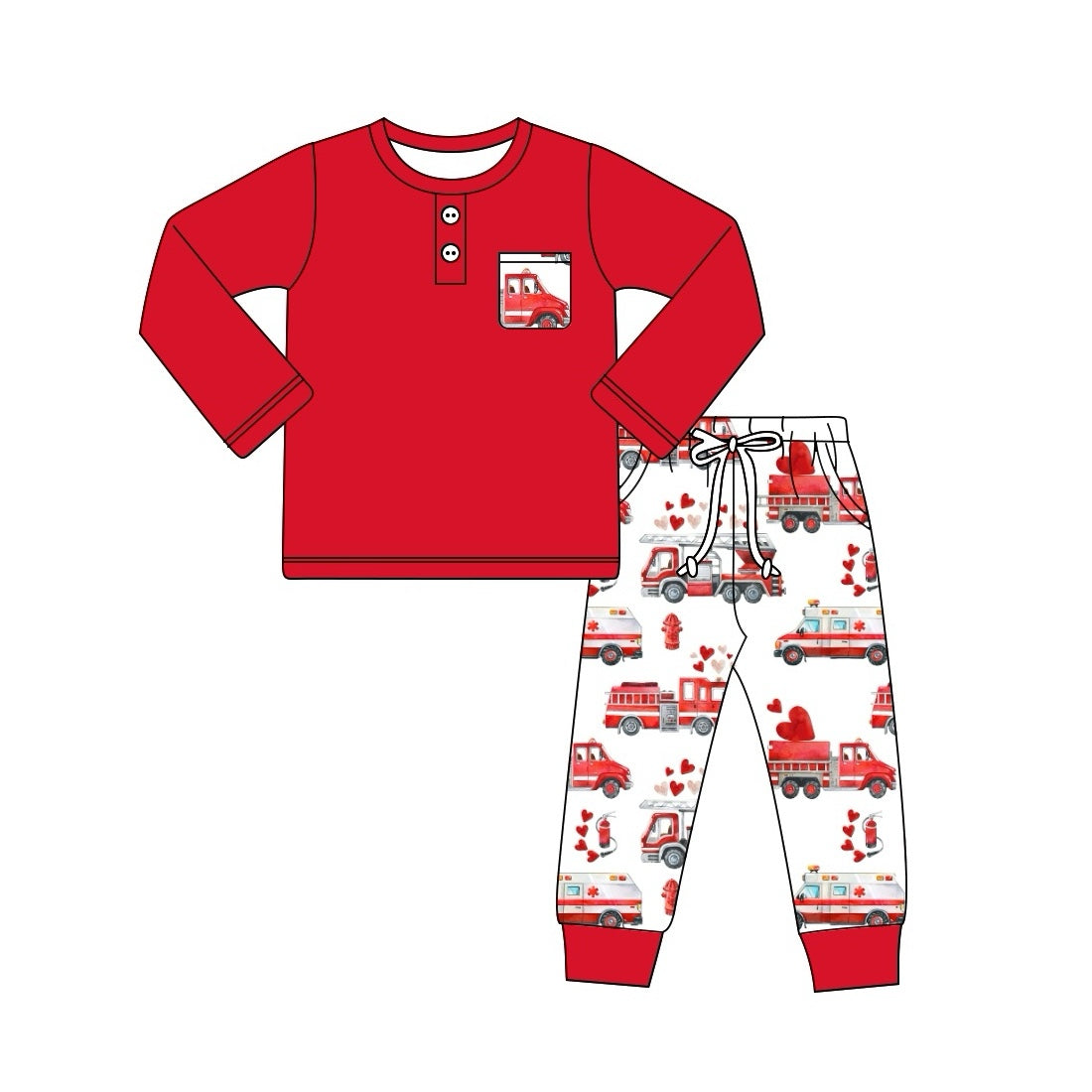 (Pre-order)BLP1030 Red Pocket Top Fire Truck Heart Pants Boys Valentine's Day Clothes Set