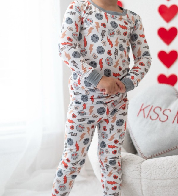 (Pre-order)BLP1032 Smiling Face Heart Gray Print Boys Valentine's Day Pajamas Clothes Set
