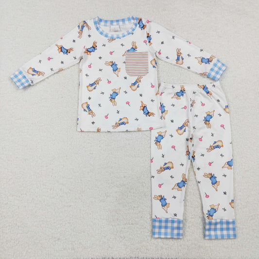 BLP1046 Bunny Blue Plaid Print Boys Easter Pajamas Clothes Set