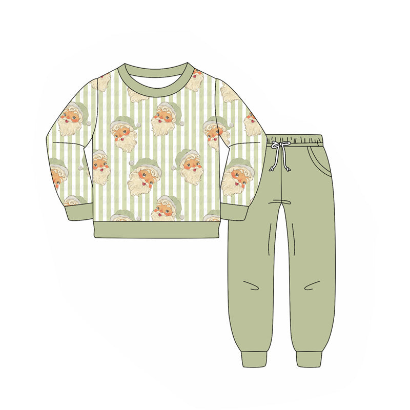 (Pre-order)BLP1074 Santa Stripes Top Green Pants Boys Christmas Clothes Set