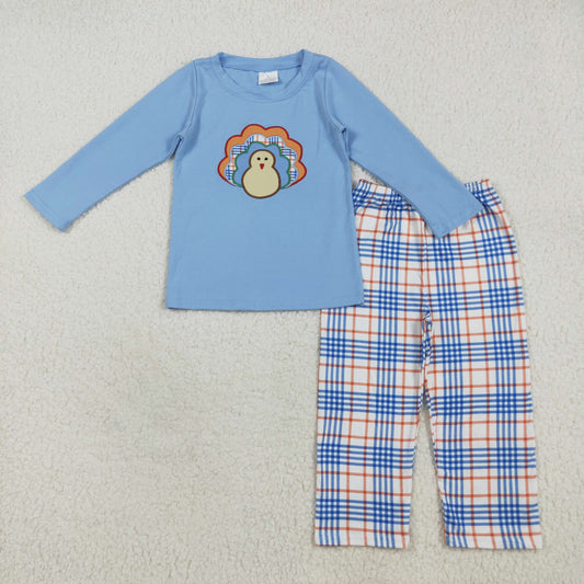 BLP1079 Turkey Embroidery Blue Top Plaid Pants Boys Thanksgiving Clothes Set