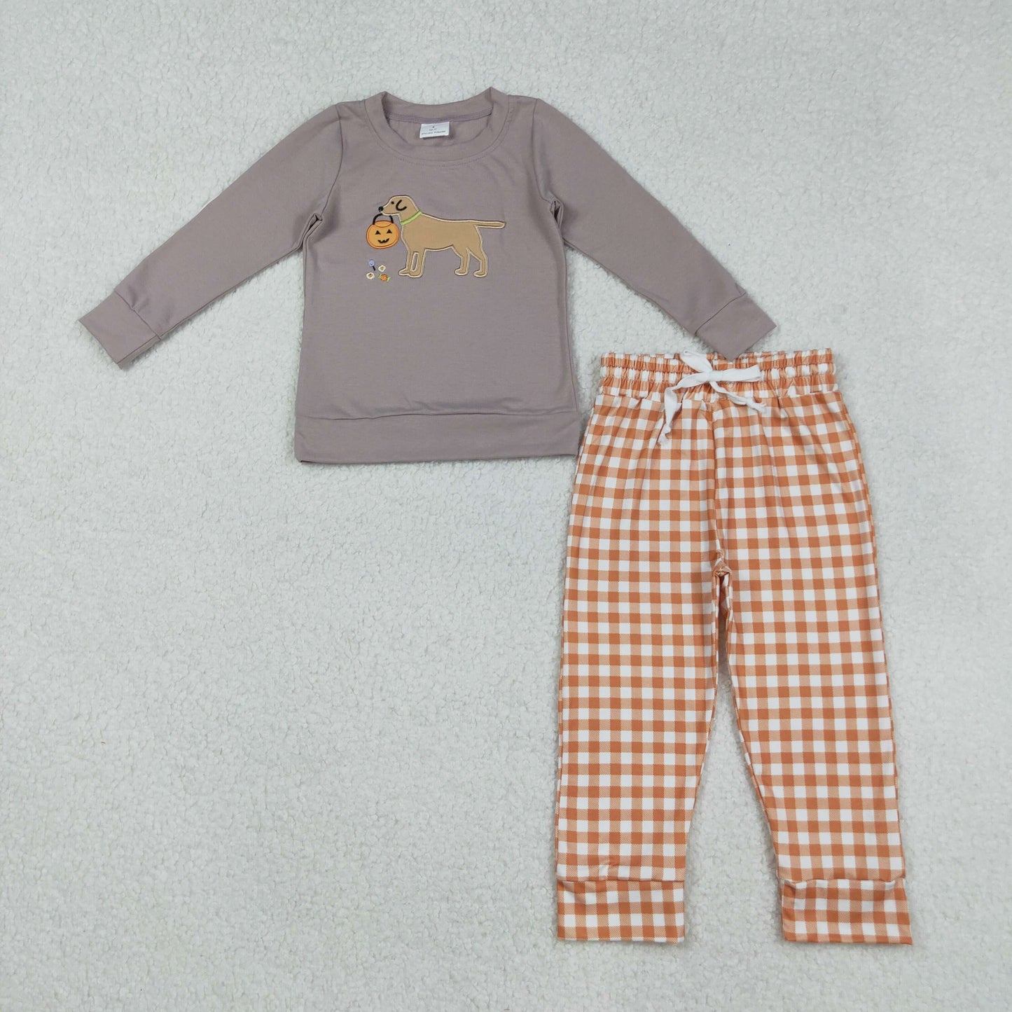BLP1098 Pumpkin Dog Embroidery Top Orange Plaid Pants Boys Halloween Clothes Set