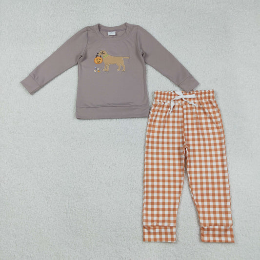 BLP1098 Pumpkin Dog Embroidery Top Orange Plaid Pants Boys Halloween Clothes Set