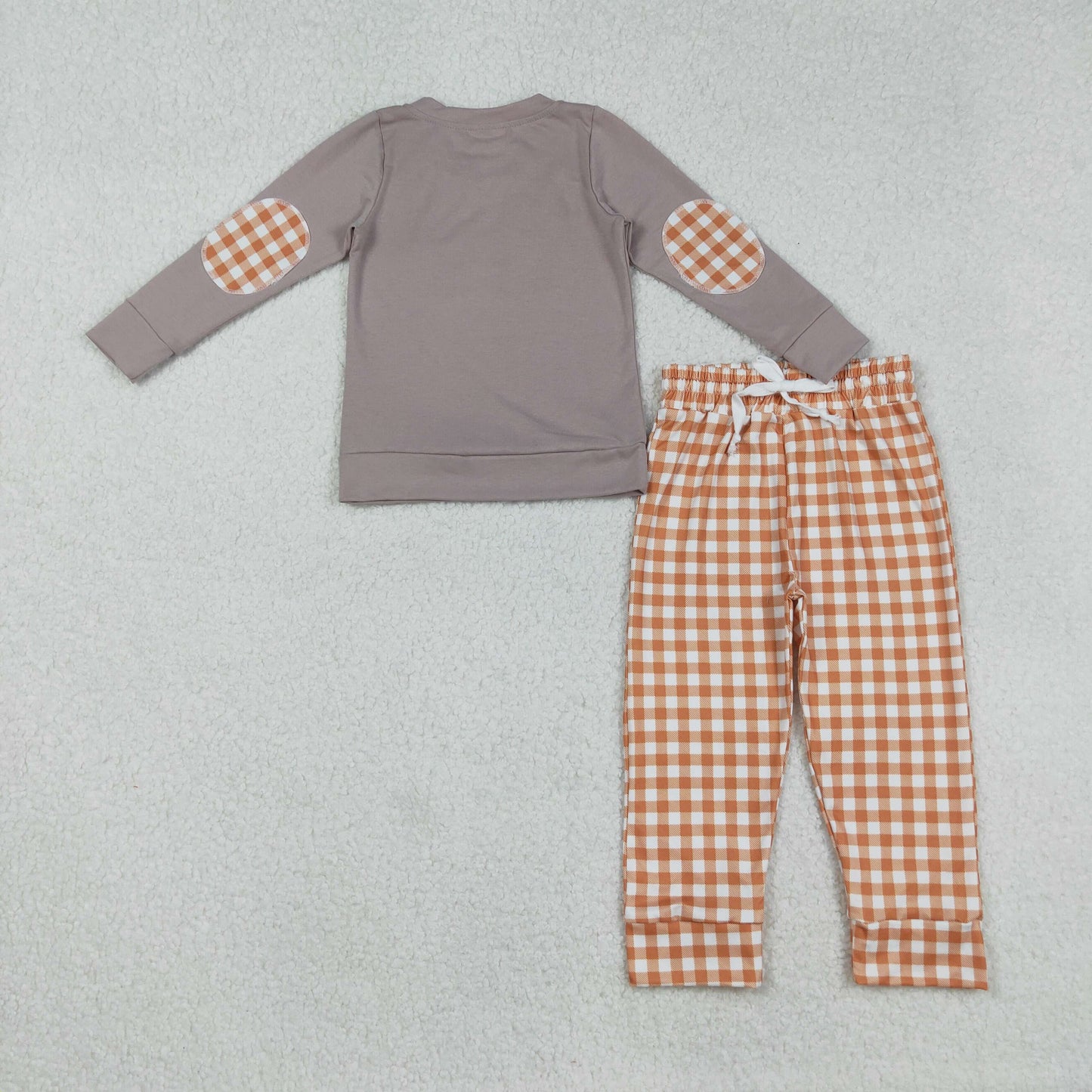 BLP1098 Pumpkin Dog Embroidery Top Orange Plaid Pants Boys Halloween Clothes Set