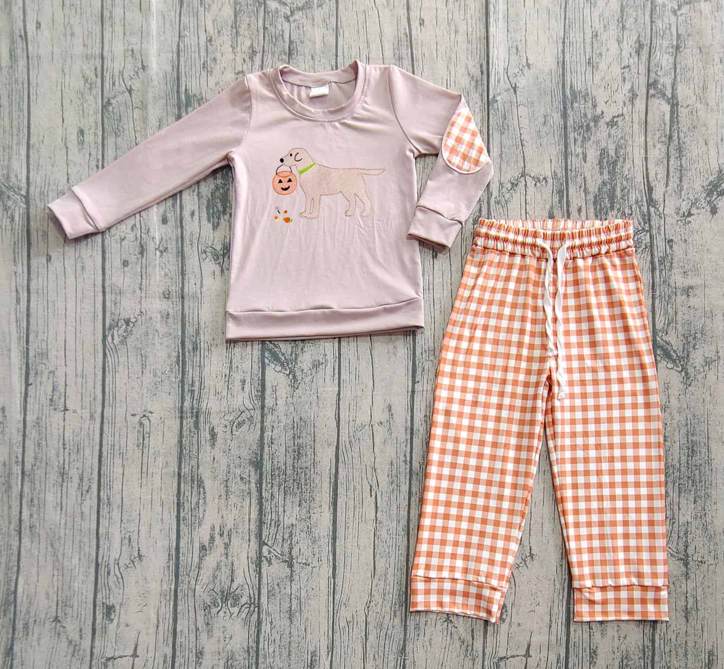 (Pre-order)BLP1098 Pumpkin Dog Top Orange Plaid Pants Boys Halloween Clothes Set
