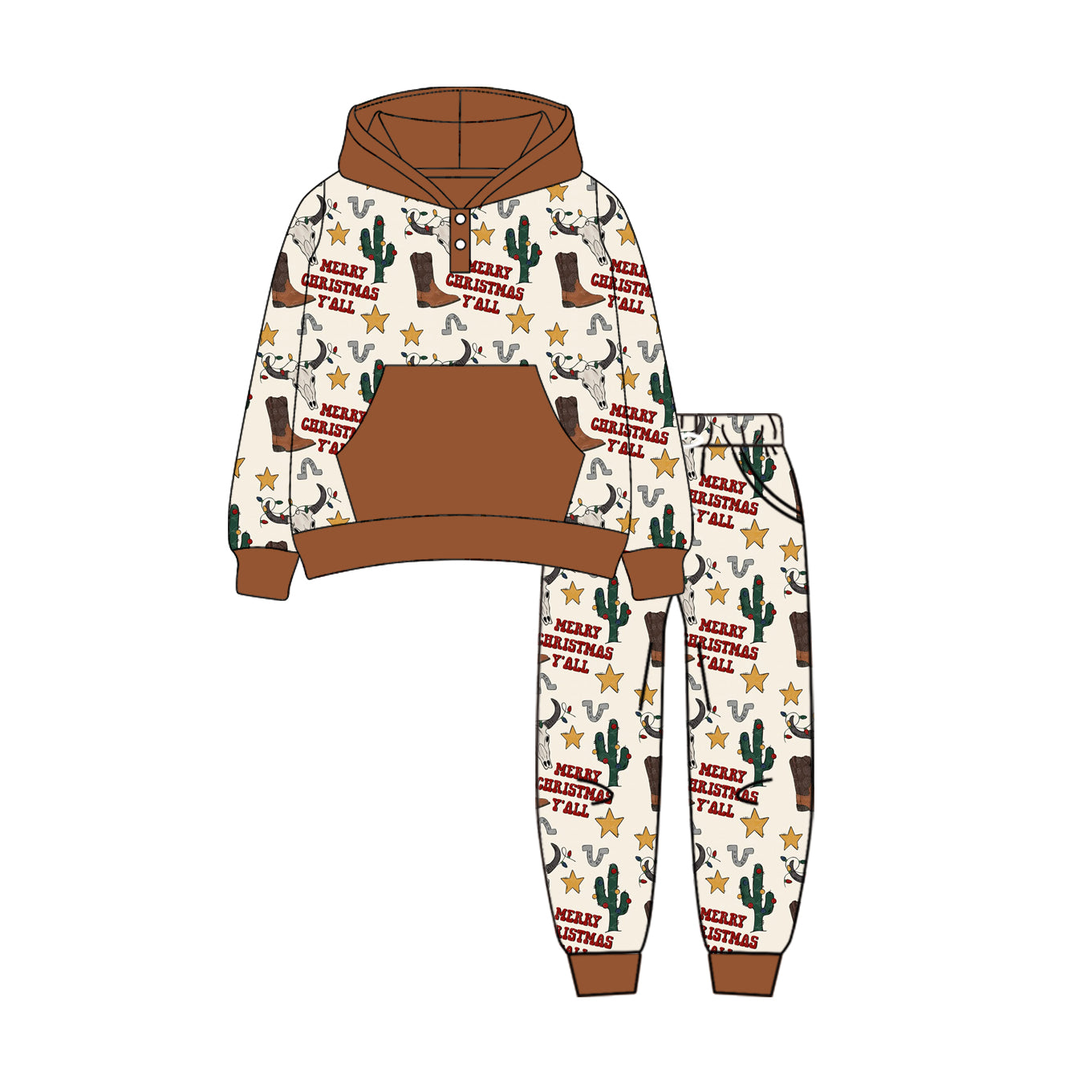 (Pre-order)BLP1106 Cow Skull Cactus Hoodie Top Pockets Pants Boys Christmas Clothes Set