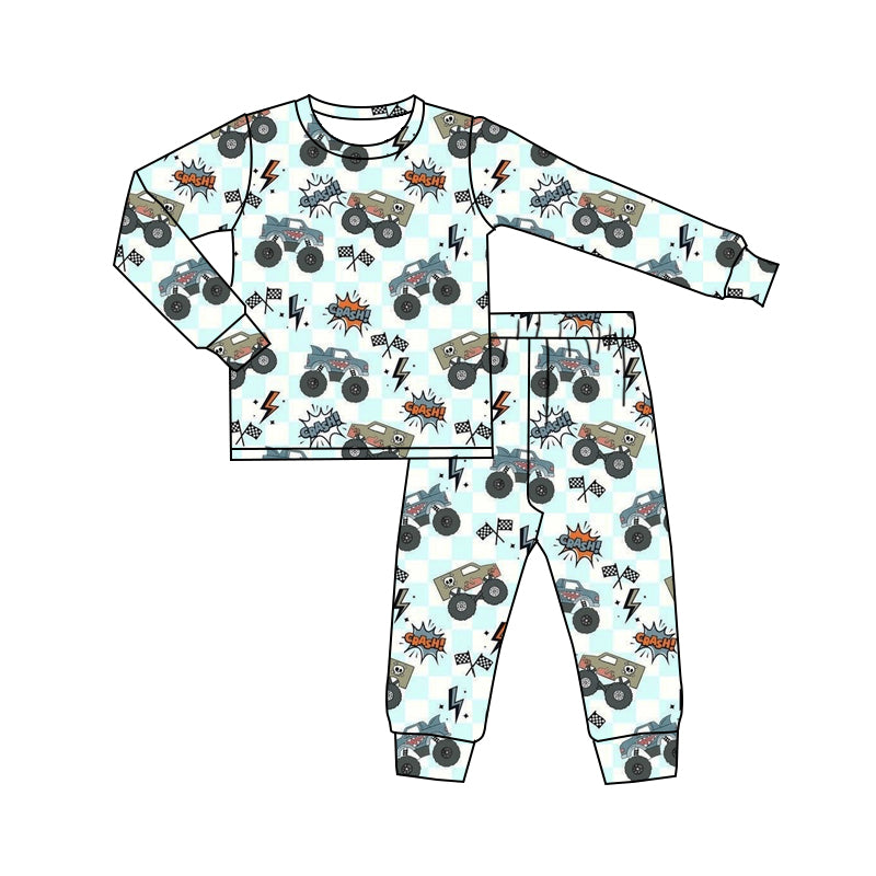 (Pre-order)BLP1110 Momster Trucks Plaid Print Boys Fall Pajamas Clothes Set