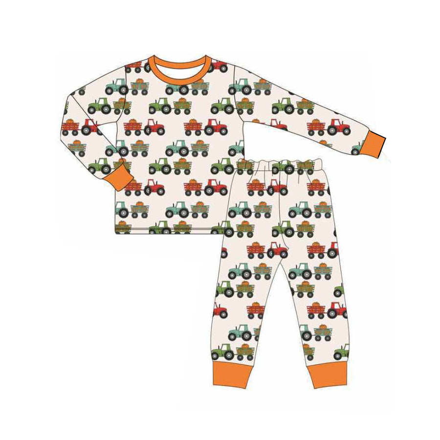 (Pre-order)BLP1116 Tractors Pumpkin Print Boys Fall Pajamas Clothes Set