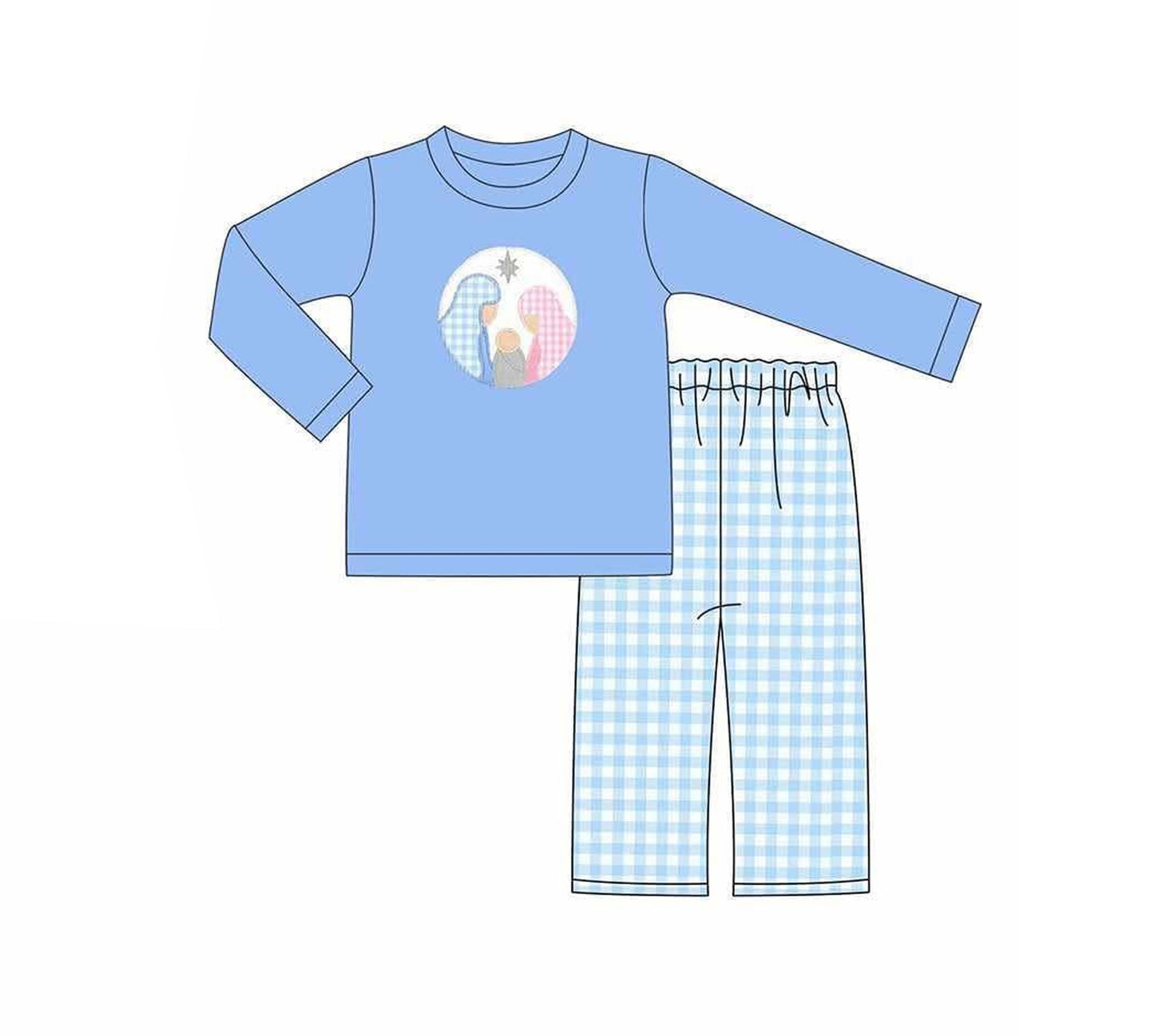 (Pre-order)BLP1124 Nativity Blue Top Plaid Pants Boys Christmas Clothes Set