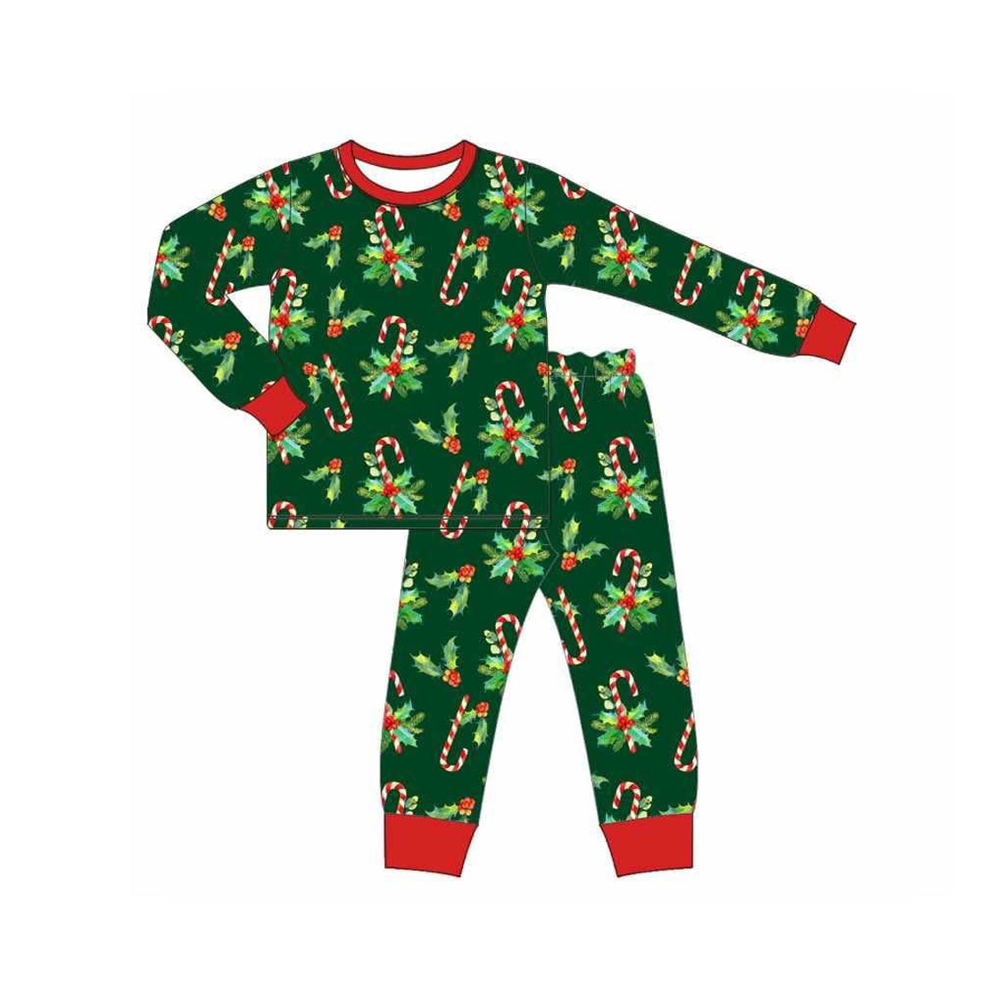 (Pre-order)BLP1130 Candy Cane Holly Print Boys Christmas Pajamas Clothes Set