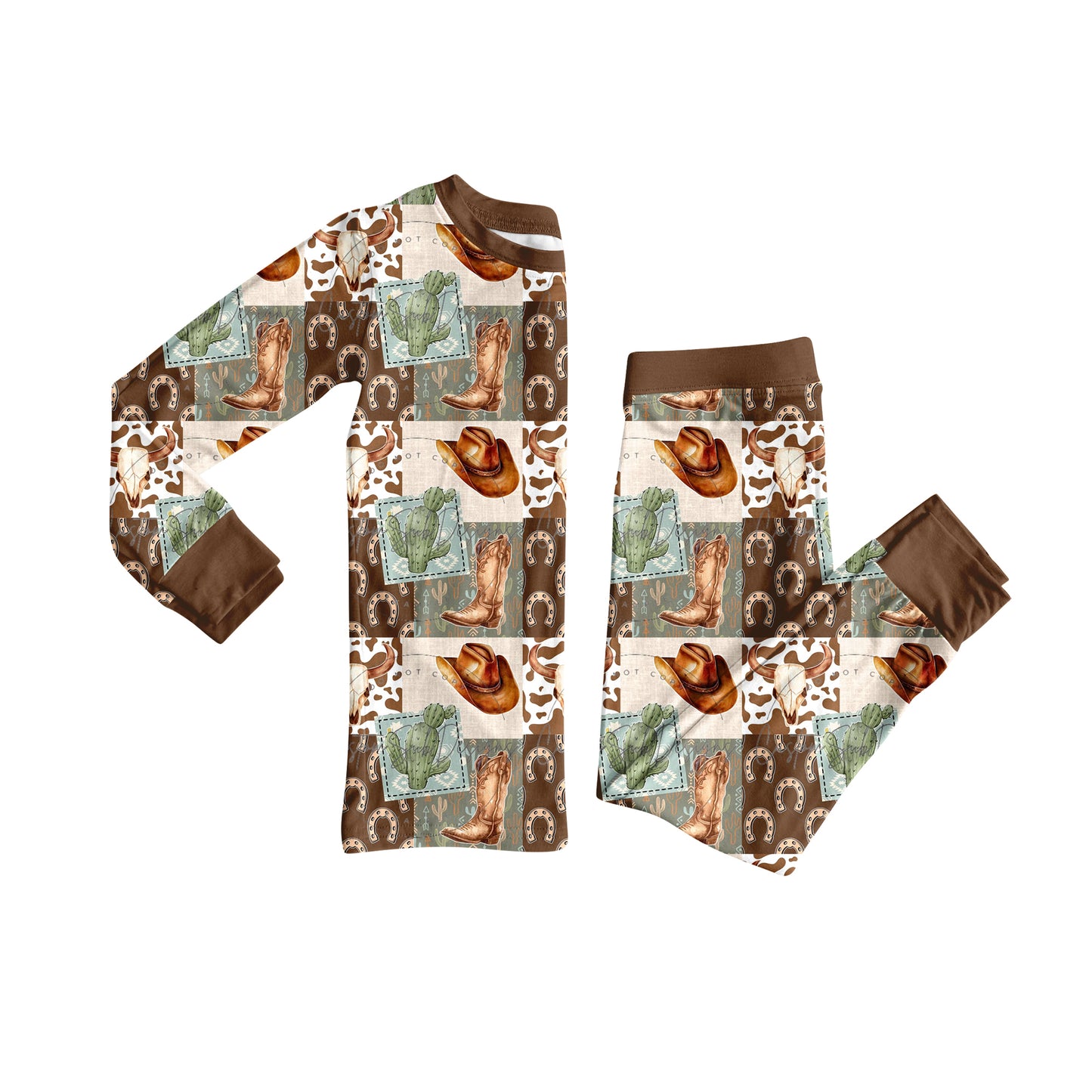 (Pre-order)BLP1152 Boots Hat Cactus Western Print Boys Fall Pajamas Clothes Set