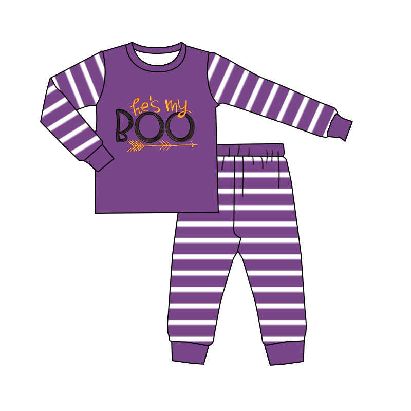 (Pre-order)BLP1164 BOO Purple Stripes Pants Boys Halloween Pajamas Clothes Set