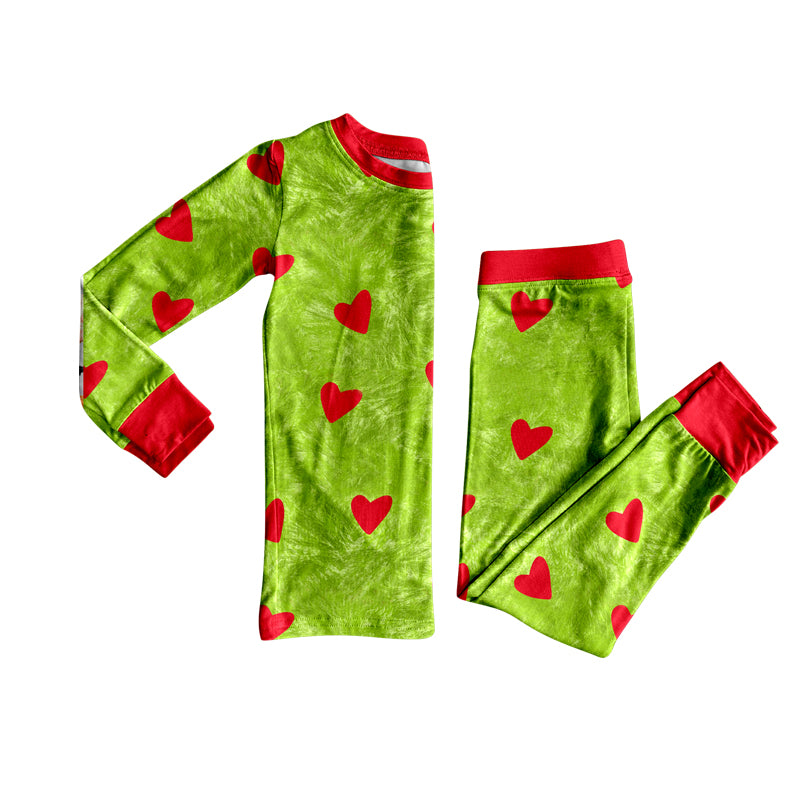 (Pre-order)BLP1175 Green Frog Heart Print Kids Christmas Pajamas Clothes Set