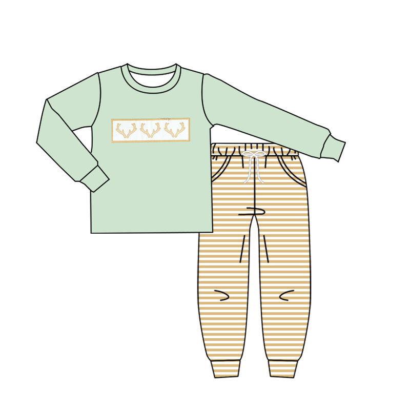 (Pre-order)BLP1183 Deer Green Top Stripes Pants Boys Fall Clothes Set