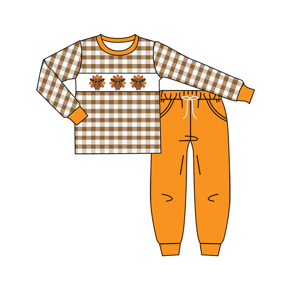 (Pre-order)BLP1186 Turkey Plaid Top Orange Pants Boys Thanksgiving Clothes Set