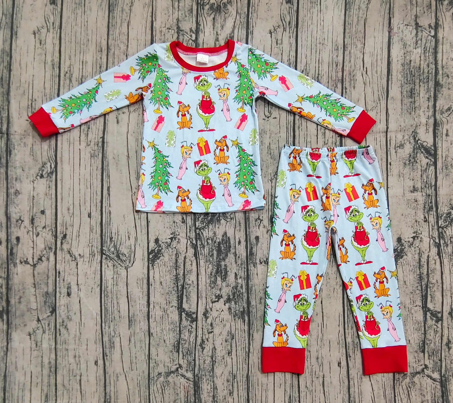(Custom Design Preorder MOQ 20) Green Frog Blue Print Boys Christmas Bamboo Pajamas Clothes Set