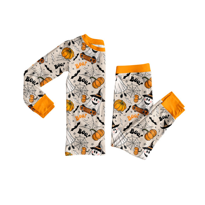 (Pre-order)BLP1195 BOO Bat Spooky Pumpkin Print Boys Halloween Pajamas Clothes Set