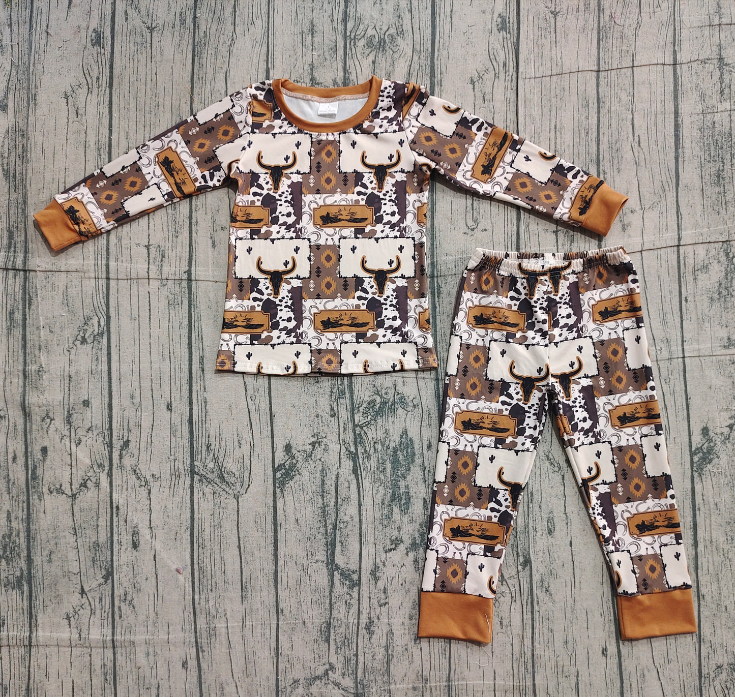 (Pre-order)BLP1200 Aztec Skull Western Print Boys Fall Pajamas Clothes Set