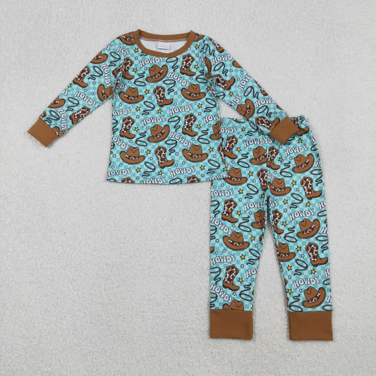 BLP1207 Howdy Boots Hat Plaid Print Boys Fall Pajamas Clothes Set