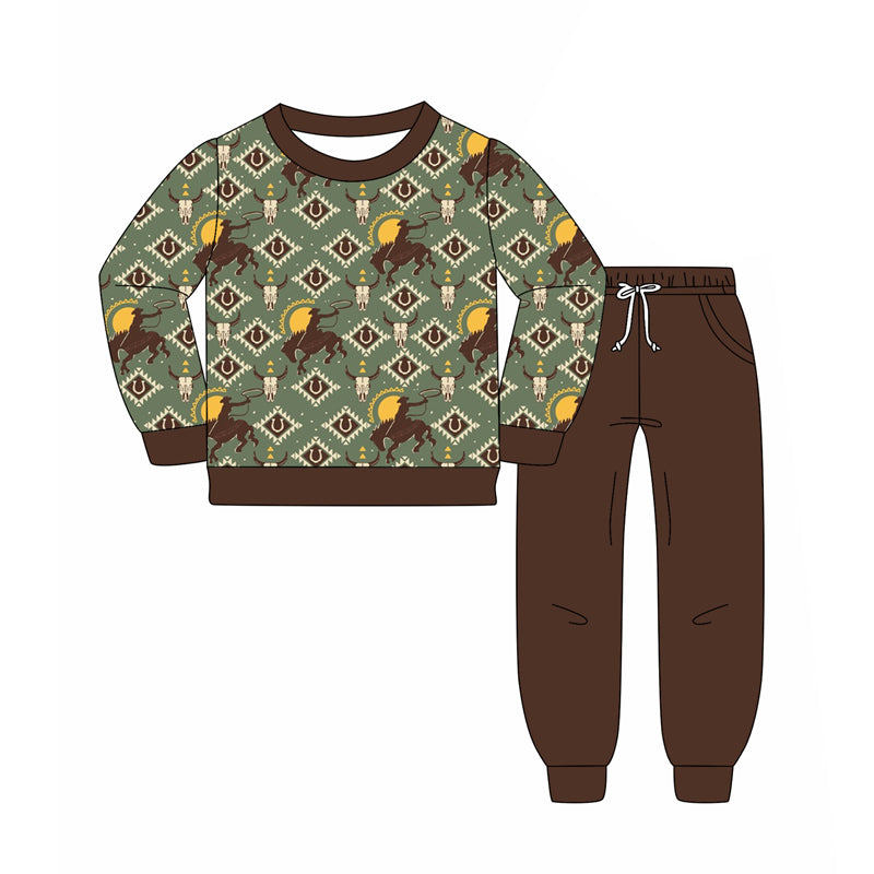 (Pre-order)BLP1209 Aztec Cowboy Print Boys Western Fall Clothes Set