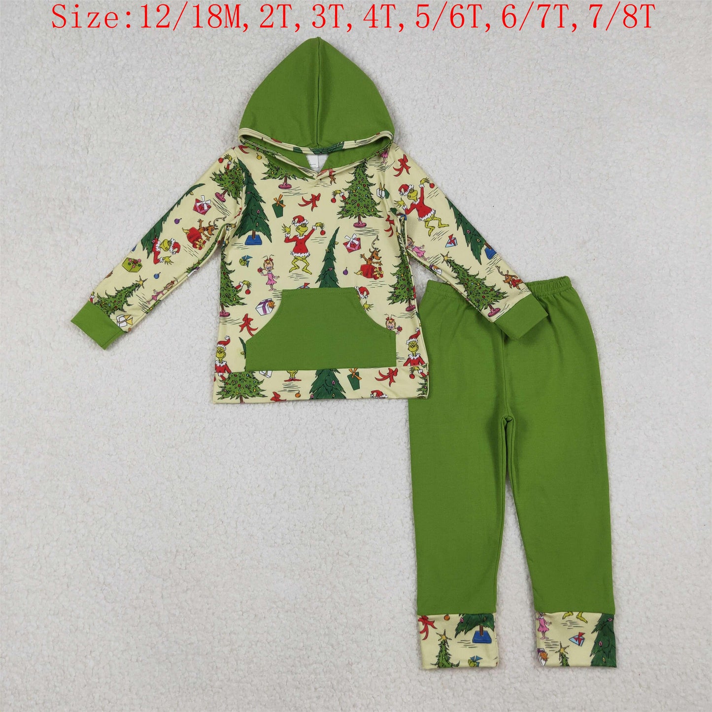 BLP1224 Green Frog Tree Hoodie Top Green Pants Boys Christmas Clothes Set