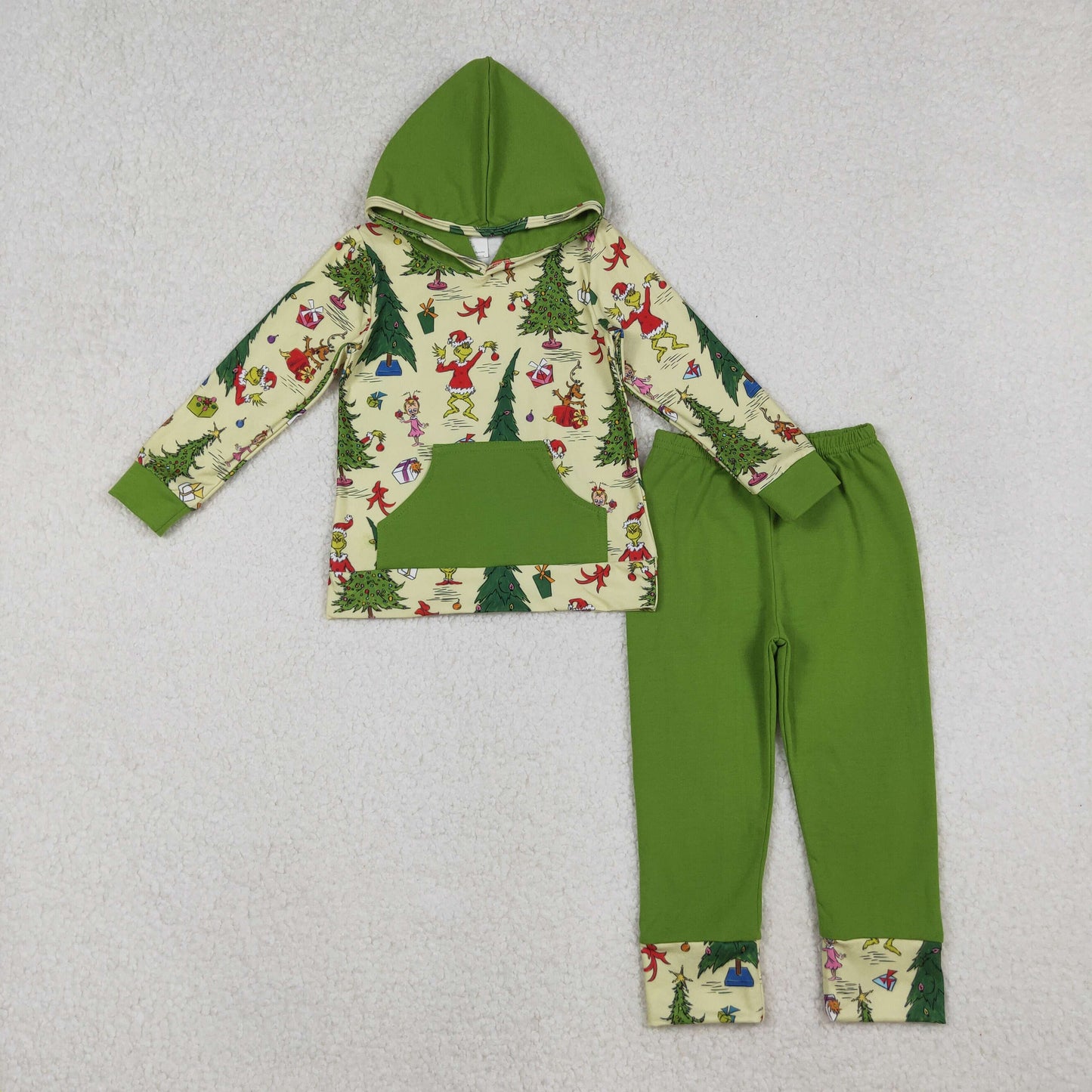 BLP1224 Green Frog Tree Hoodie Top Green Pants Boys Christmas Clothes Set