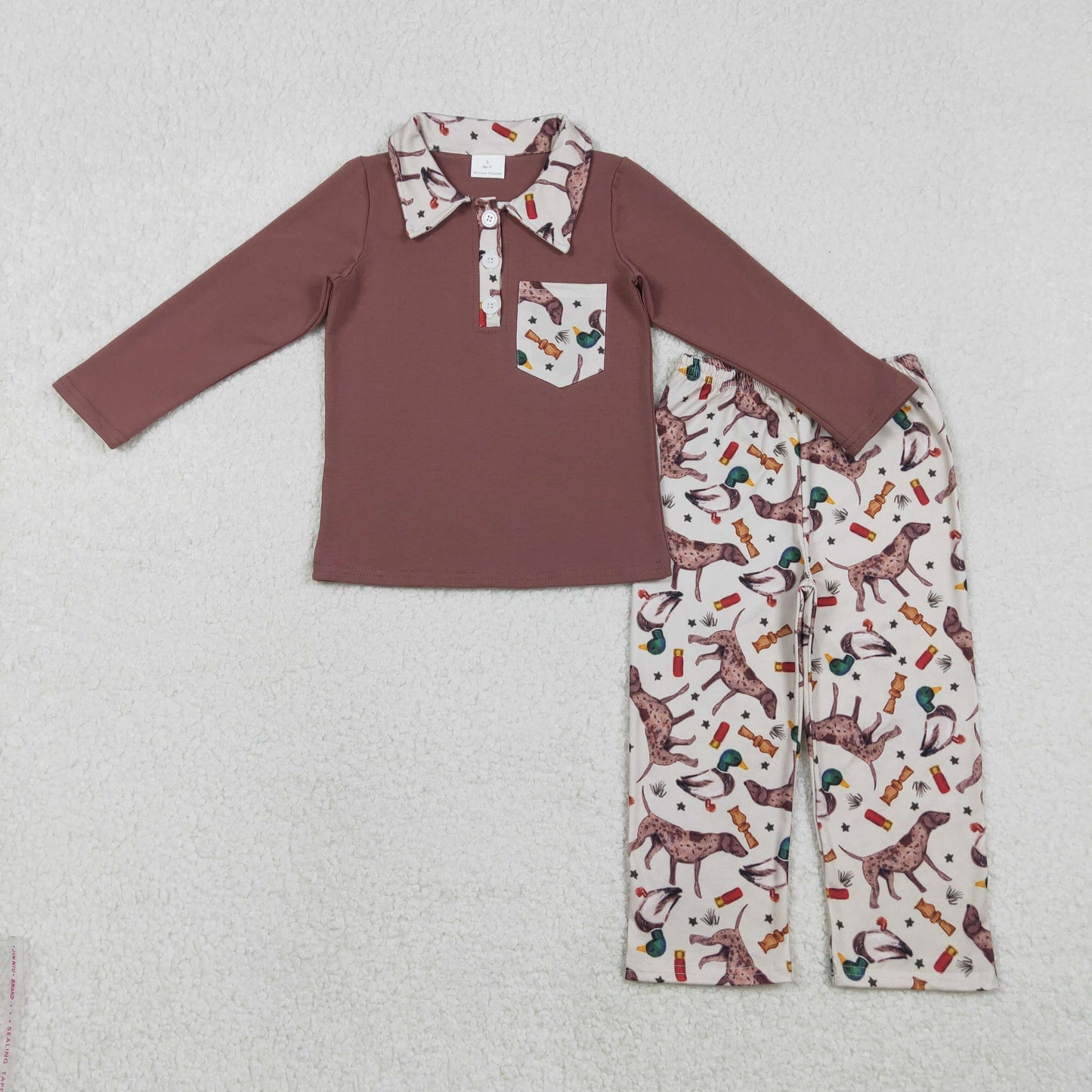 BLP1229 Brown Polo Pocket Top Duck Dog Pants Boys Fall Hunting Clothes Set