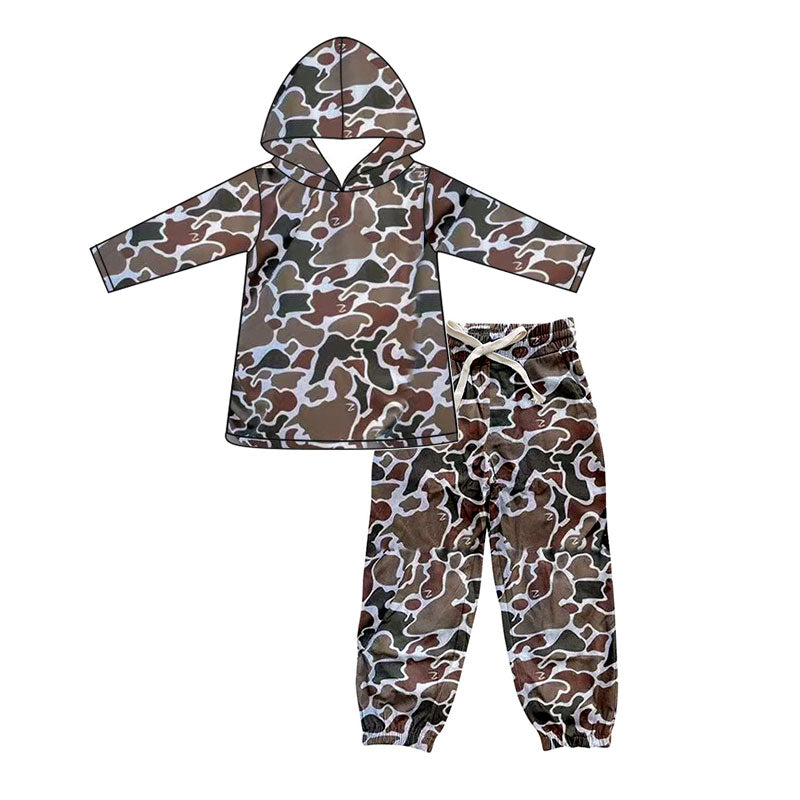 (Pre-order)BLP1240 Dark Brown Camo Hoodie Top Pockets Pants Boys Fall Clothes Set
