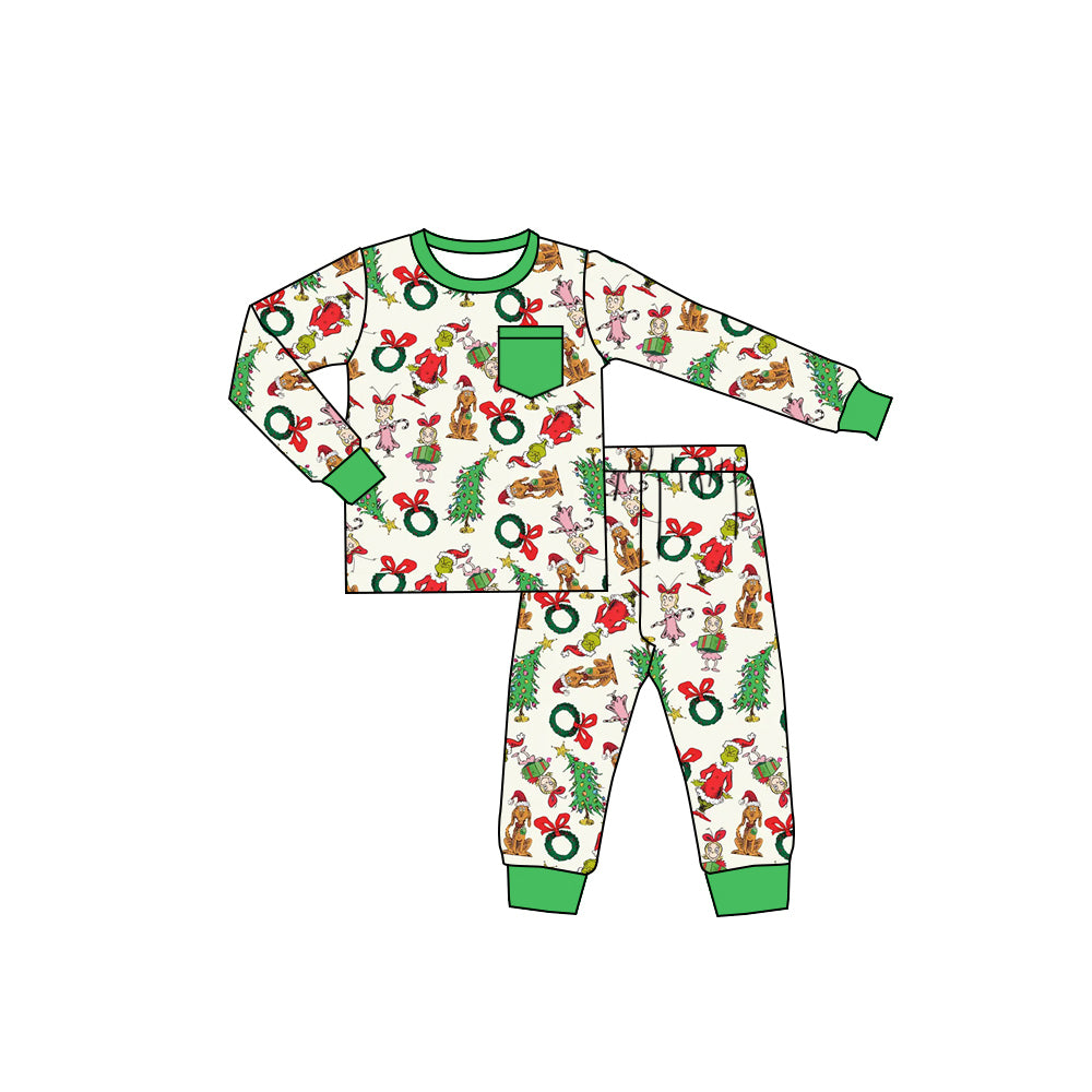 (Pre-order)BLP1244 Green Frog Friends Print Boys Christmas Pajamas Clothes Set