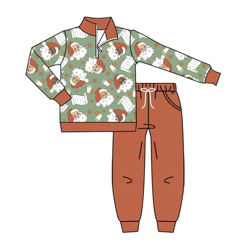 (Pre-order)BLP1246 Santa Cookie Zipper Pullover Top Brown Pants Boys Christmas Clothes Set